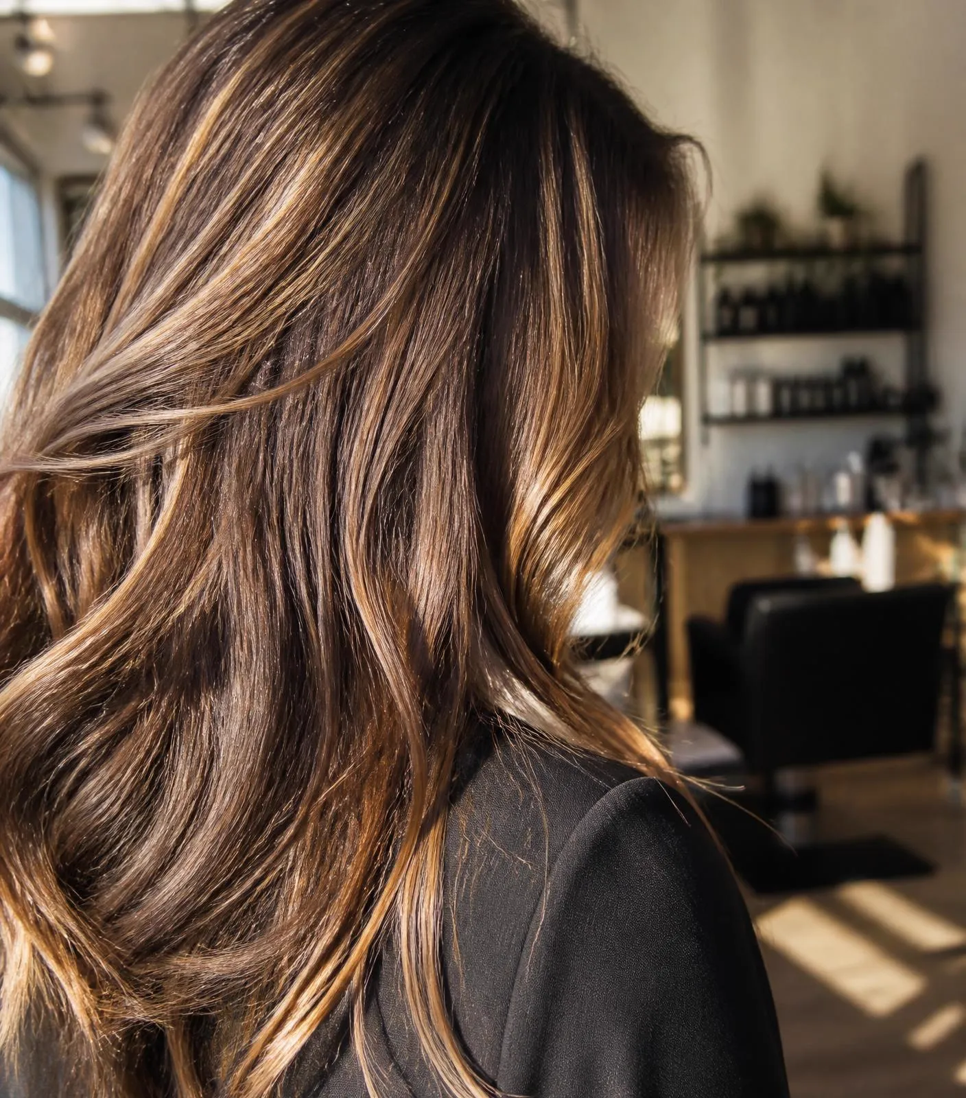 Cabelo com mechas finalizado em salão de beleza